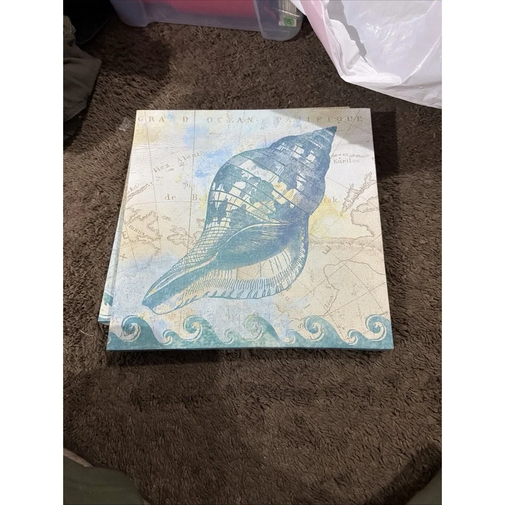3pc Nautical Wall Art Set Seashell Canvas Prints & Framed Coastal Decor Blue Tan